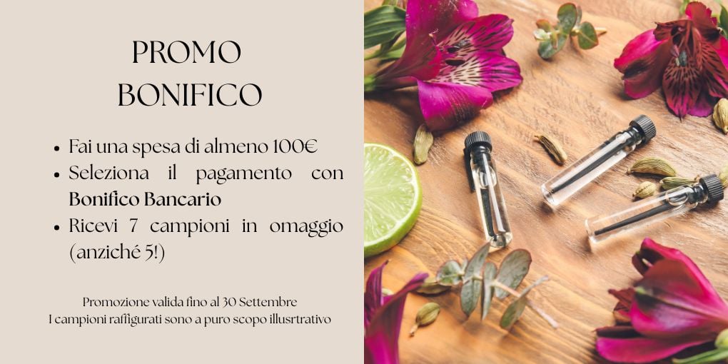 Promo bonifico: con una spesa di almeno 100€ e pagamento con bonifico bancario ricevi 7 campioni in omaggio anziché 5. Valida fino al 30 settembre.